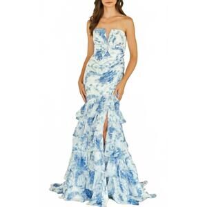 NEW AMELIA COUTURE strapless ruffled full-length dress in blue
